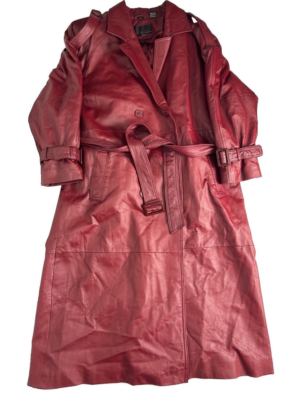 Phase Two Red Long Belted Trench Leather Coat Zip-Out Lining Woman’s Large